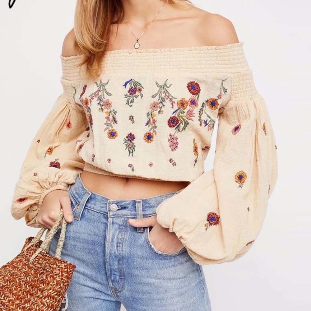 Boho cream off shoulder linen embroidered Top - Picture 5 of 6